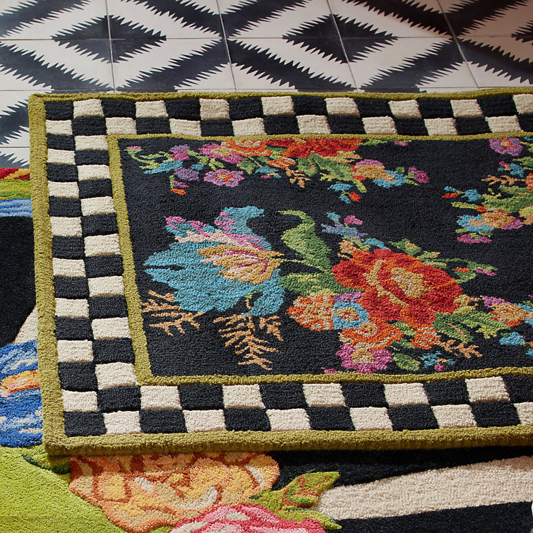 Handmade Black Floral Wool Rectangular Rug 3' x 5'
