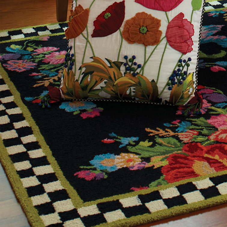 Handmade Black Floral Wool Rectangular Rug 3' x 5'