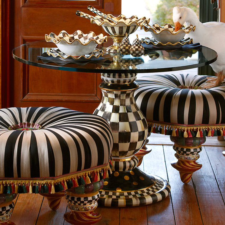 Handcrafted Black and White Ceramic Pedestal Table Base with Goldleaf