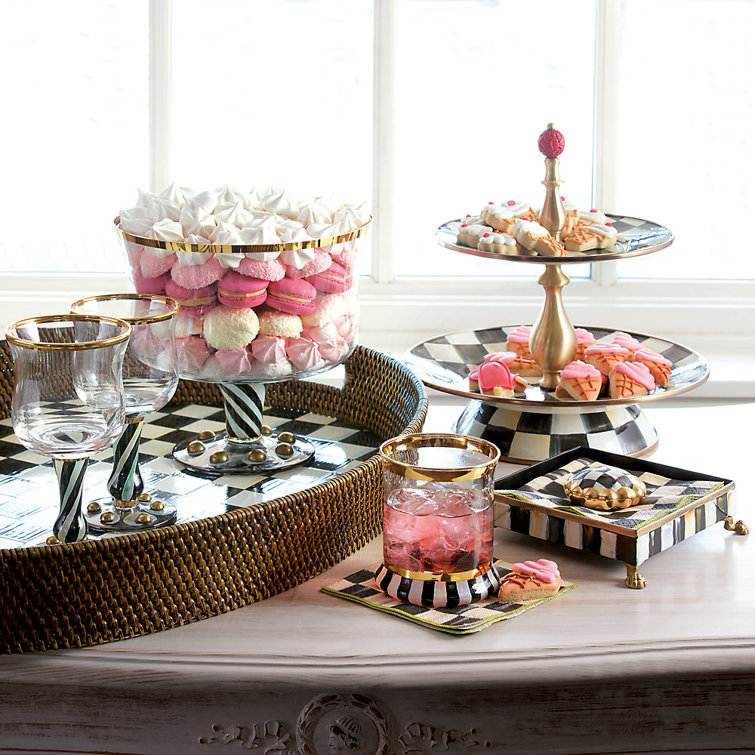 Elegant Hand-Painted Black and White Checkered Two-Tier Sweet Stand