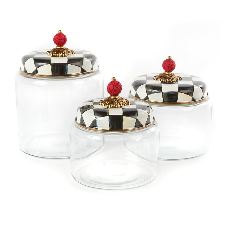Elegant Courtly Check 7" Black Glass Kitchen Canister with Faux-Cinnabar Knob