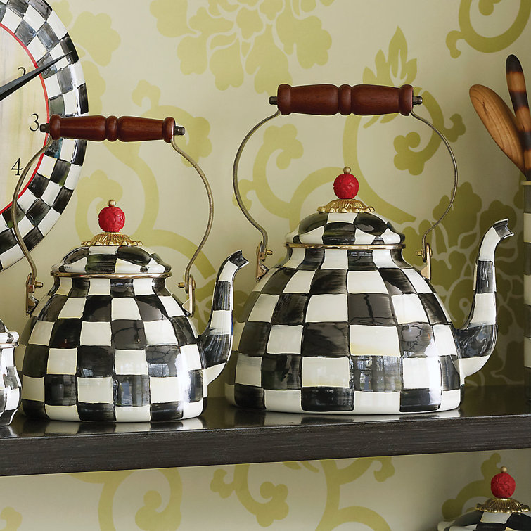 Extra Small Black and White Checkered Stainless Steel Kettle with Wooden Handle