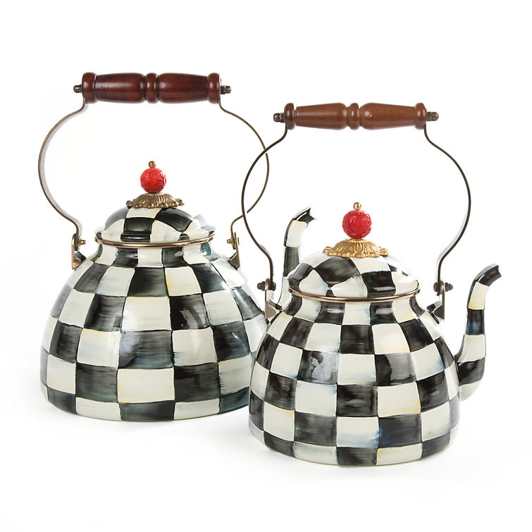 Extra Small Black and White Checkered Stainless Steel Kettle with Wooden Handle