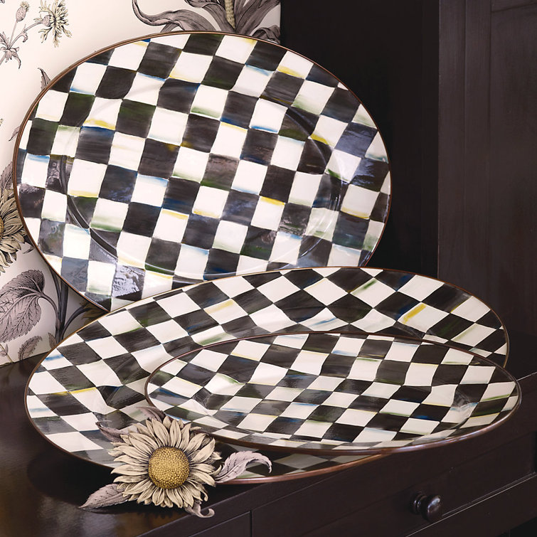 Medium Black and White Checkered Ceramic Oval Platter