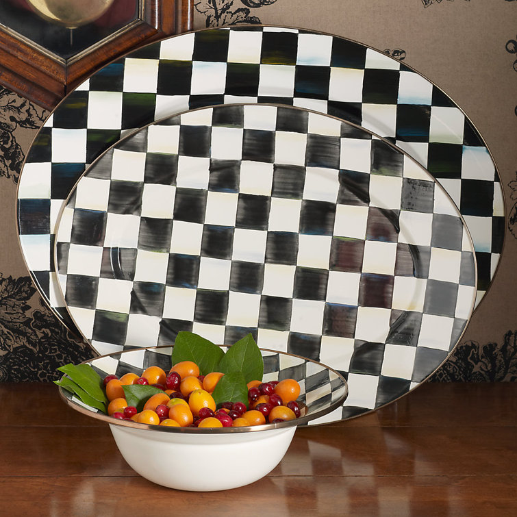 Medium Black and White Checkered Ceramic Oval Platter