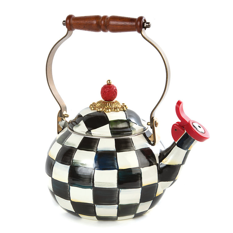 Black and White Checkered Enamel Whistling Tea Kettle with Wood Handle