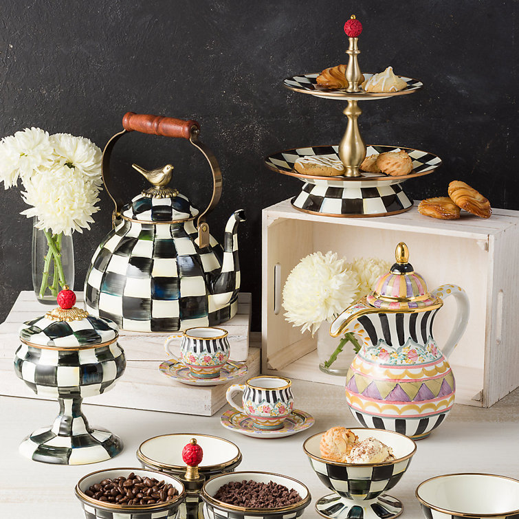 Elegant Hand-Painted Black and White Checkered Two-Tier Sweet Stand