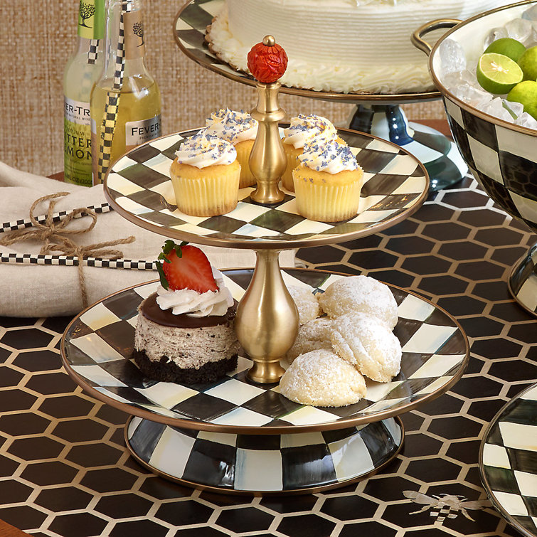 Elegant Hand-Painted Black and White Checkered Two-Tier Sweet Stand