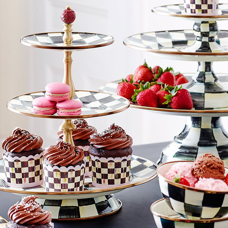 Courtly Check Round Multi-Color Tiered Sweet Stand with Brass Accents