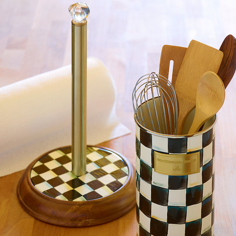 Courtly Check Enamel and Acacia Wood Freestanding Paper Towel Holder