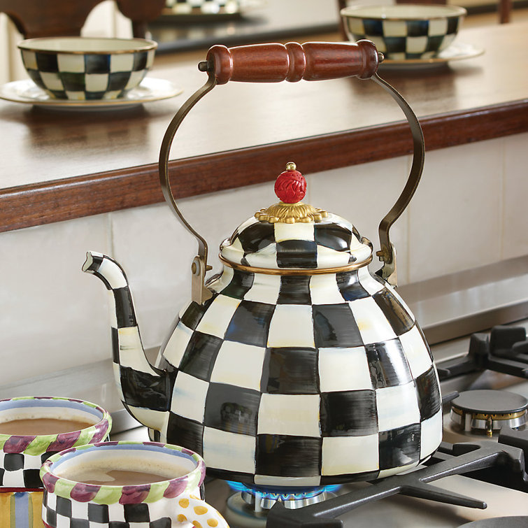 Extra Small Black and White Checkered Stainless Steel Kettle with Wooden Handle