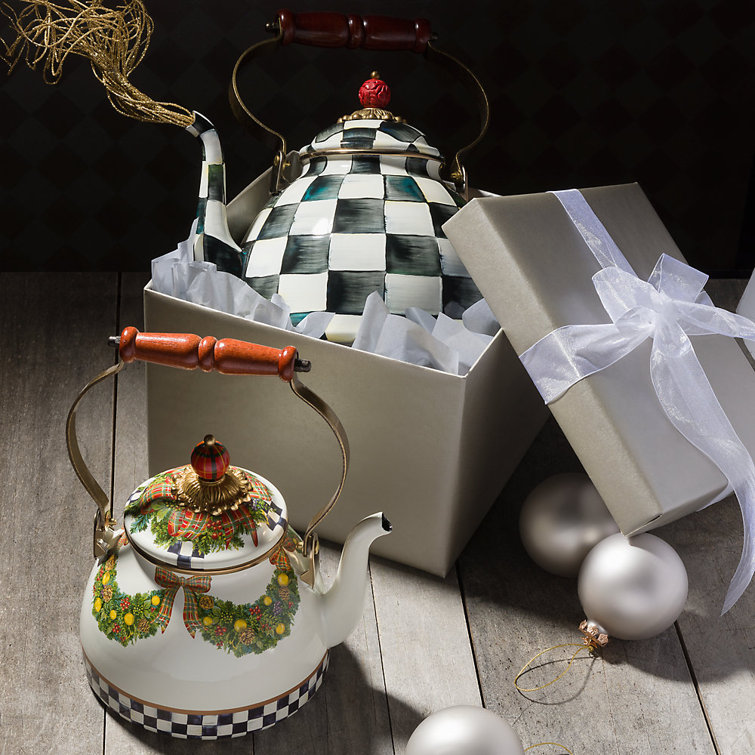 Extra Small Black and White Checkered Stainless Steel Kettle with Wooden Handle