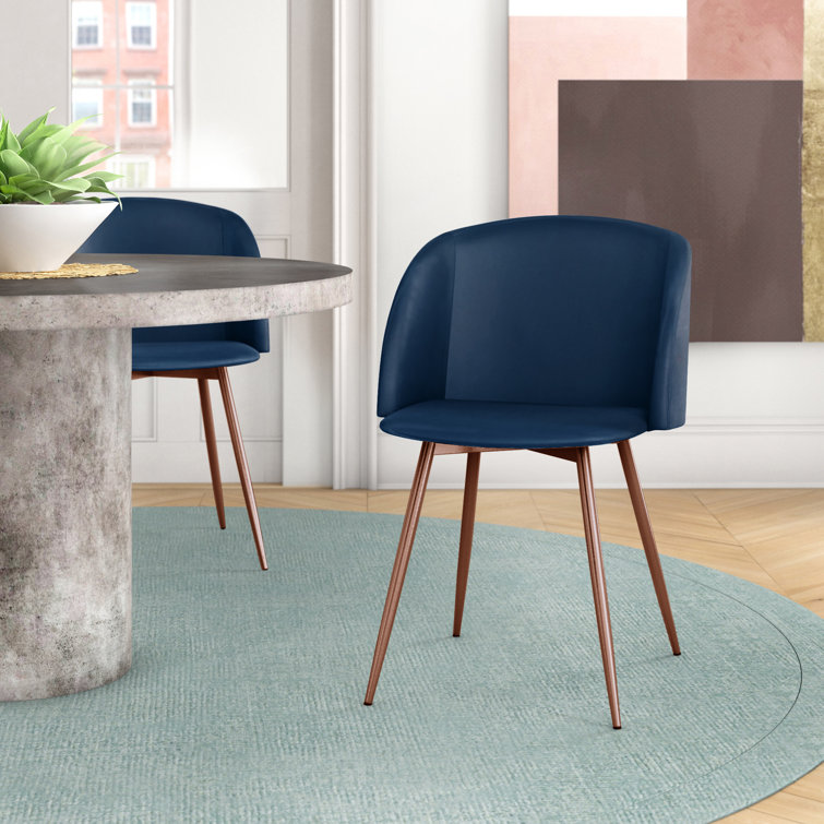 High-Back Contemporary Blue Velvet Side Chair with Walnut Metal Legs