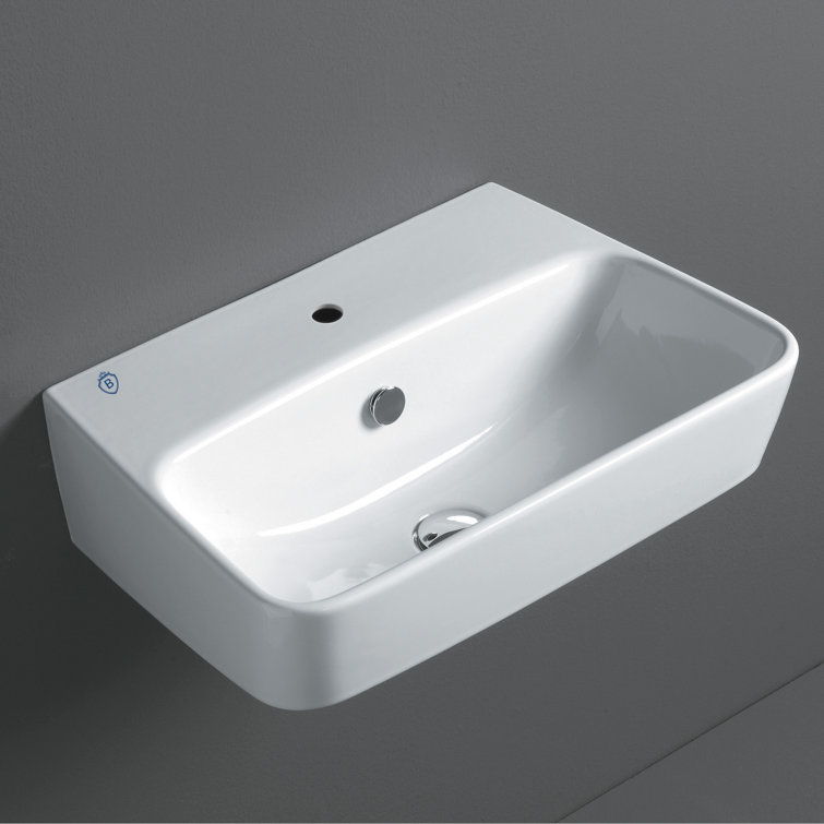 White Ceramic Rectangular Wall Mount Basin with Single Hole