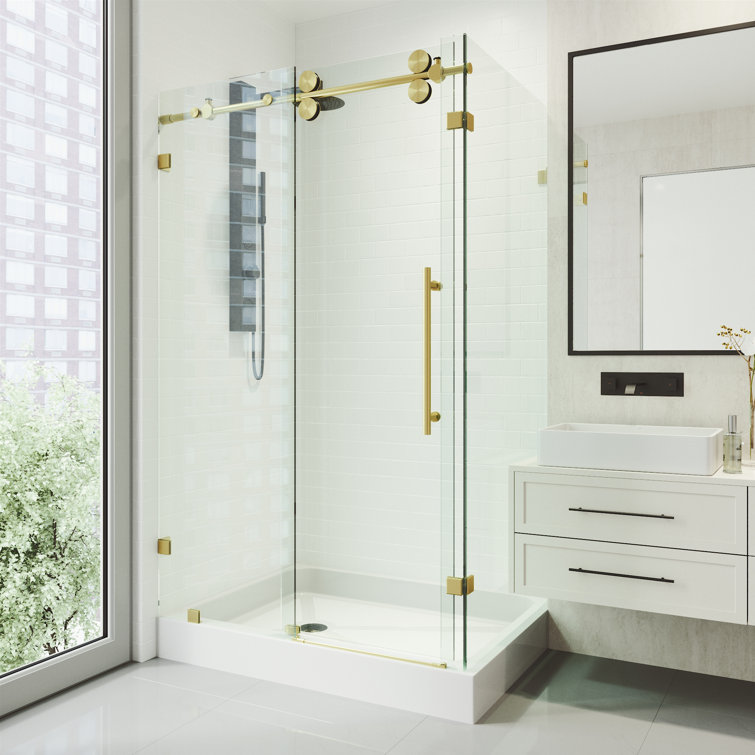 Winslow 48" Matte Brushed Gold Frameless Sliding Shower Enclosure with Clear Glass