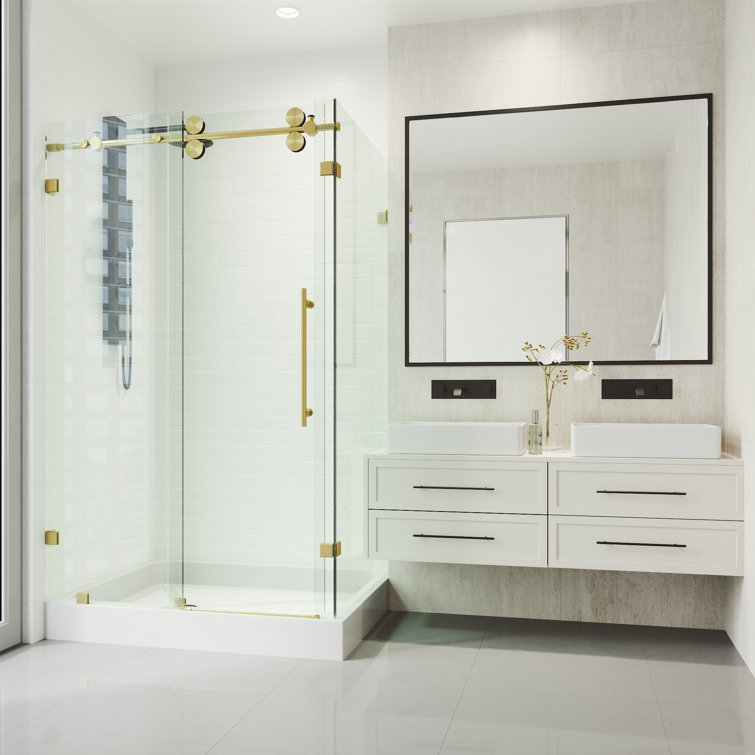 Winslow 48" Matte Brushed Gold Frameless Sliding Shower Enclosure with Clear Glass