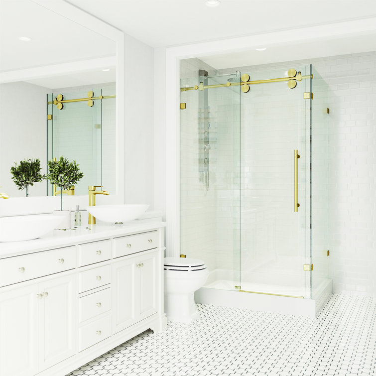 Winslow 48" Matte Brushed Gold Frameless Sliding Shower Enclosure with Clear Glass