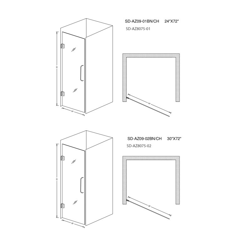 ANZZI 72" x 30" Frameless Polished Chrome Hinged Shower Door
