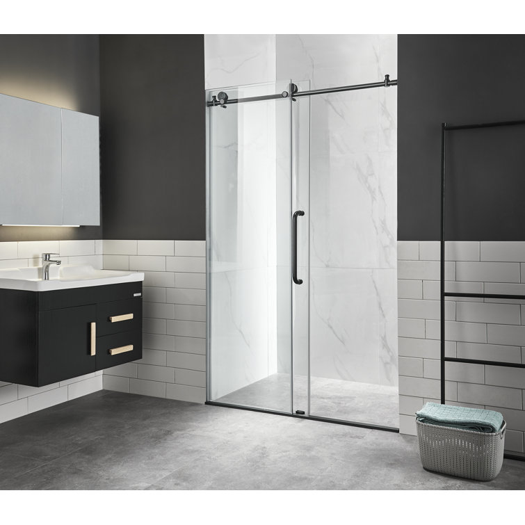 Matte Black Frameless Sliding Shower Door with Clear Glass Panels