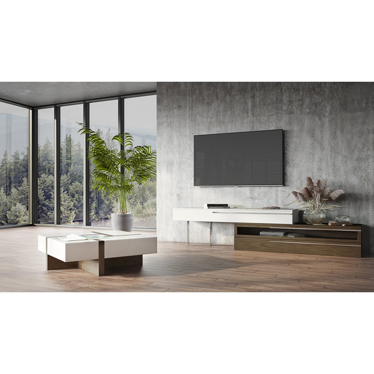 White and Walnut Square Wood Coffee Table with Storage