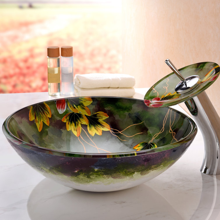 Hand-Painted Green Tempered Glass Circular Vessel Sink