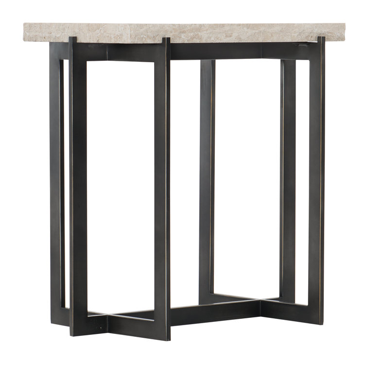 Transitional Brown and White Bar Height Side Table with Laminated Travertine Top