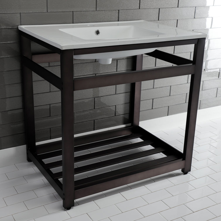 White Ceramic Console Sink with Brushed Nickel Steel Base