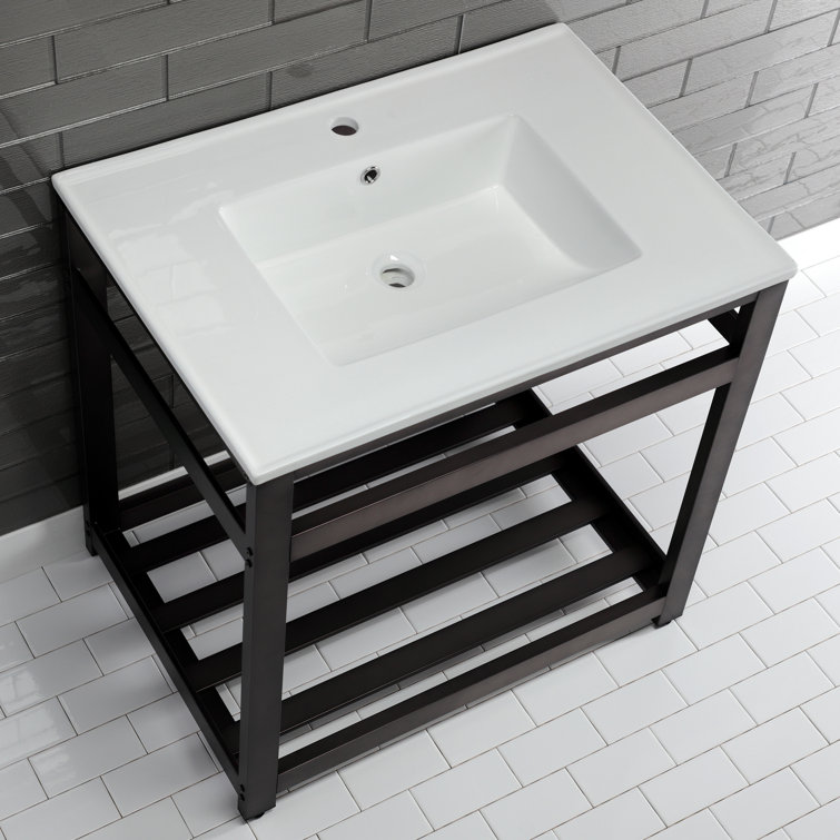 White Ceramic Console Sink with Brushed Nickel Steel Base