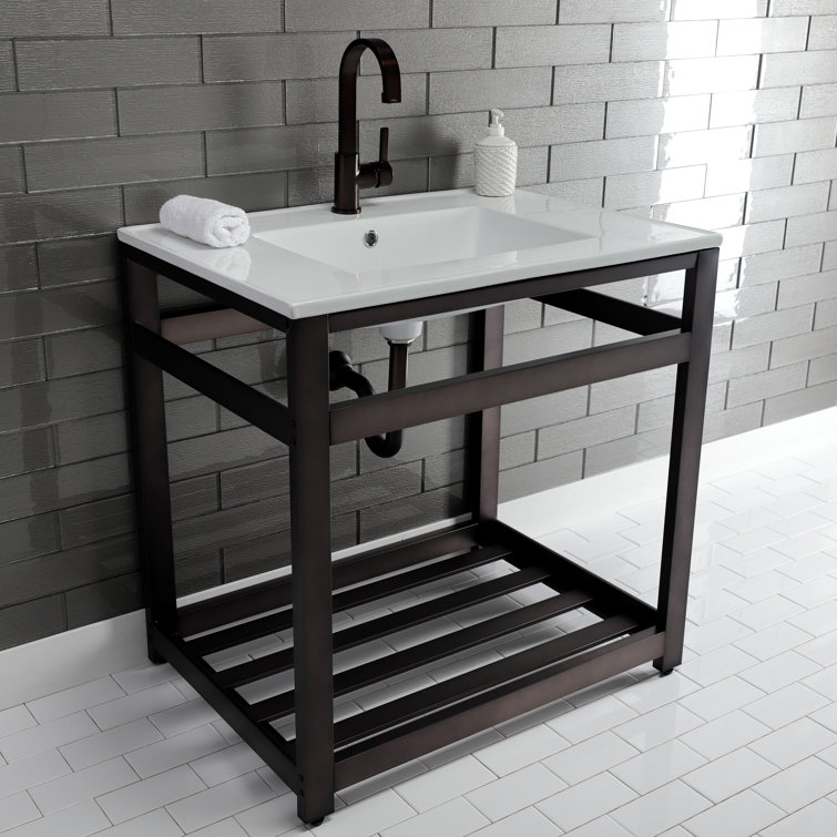 White Ceramic Console Sink with Brushed Nickel Steel Base