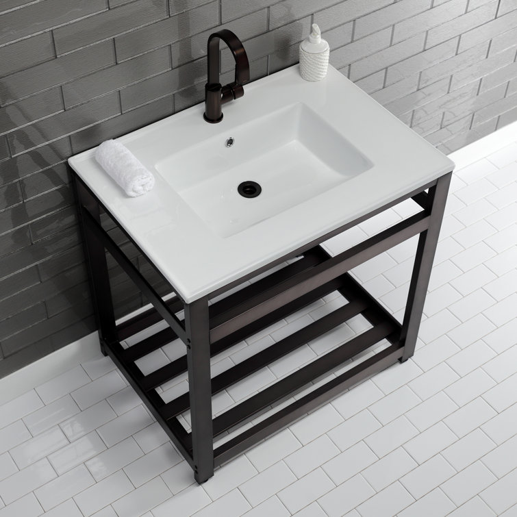 White Ceramic Console Sink with Brushed Nickel Steel Base