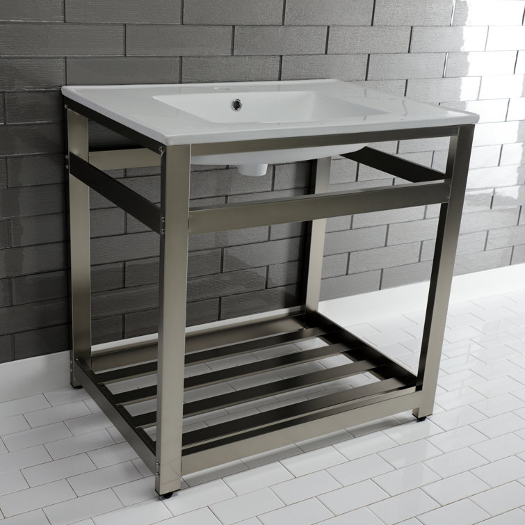 White Ceramic Console Sink with Brushed Nickel Steel Base