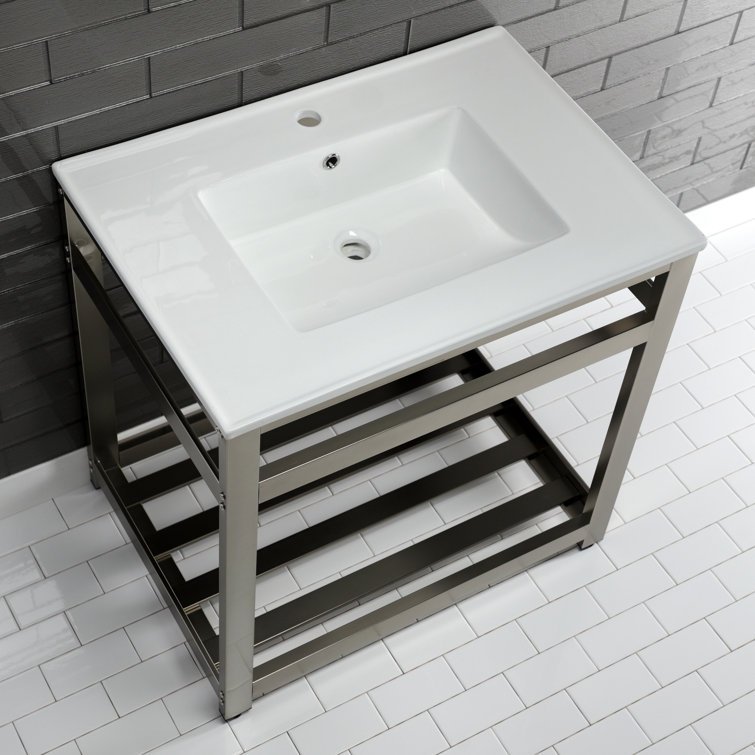 White Ceramic Console Sink with Brushed Nickel Steel Base