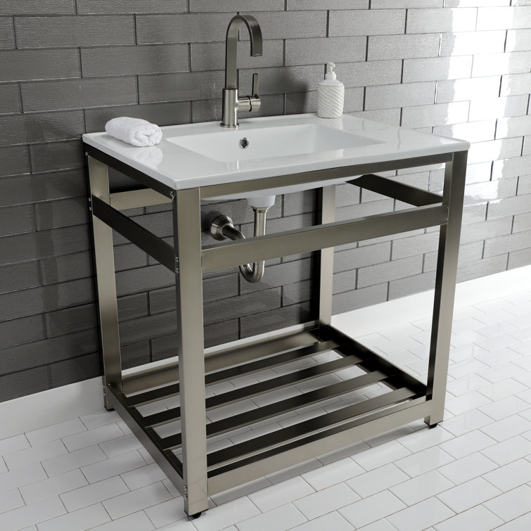 White Ceramic Console Sink with Brushed Nickel Steel Base