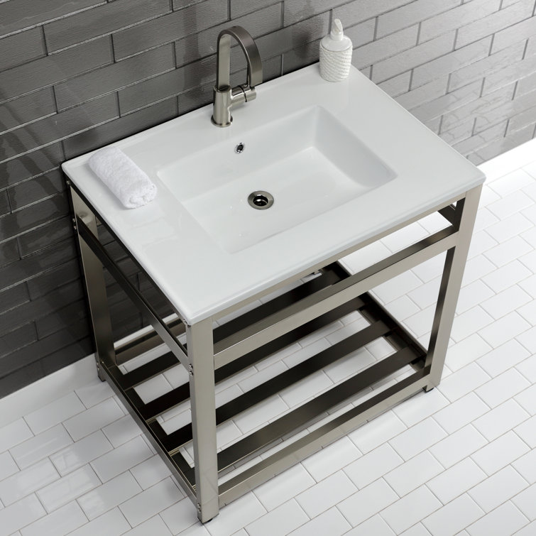 White Ceramic Console Sink with Brushed Nickel Steel Base