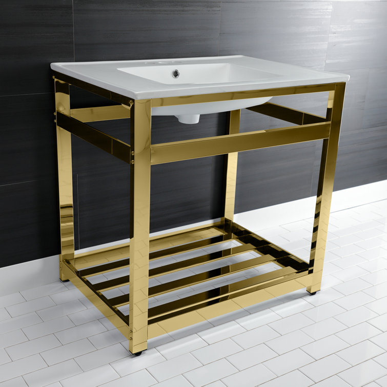 White Ceramic Console Sink with Polished Brass Base