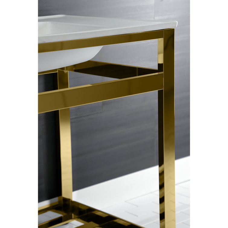 White Ceramic Console Sink with Polished Brass Base