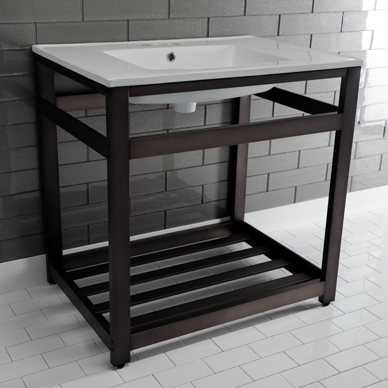 White Ceramic Console Sink with Polished Brass Base
