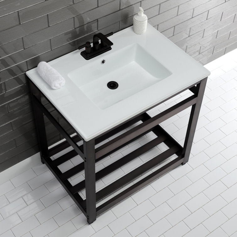 White Ceramic Console Sink with Polished Brass Base