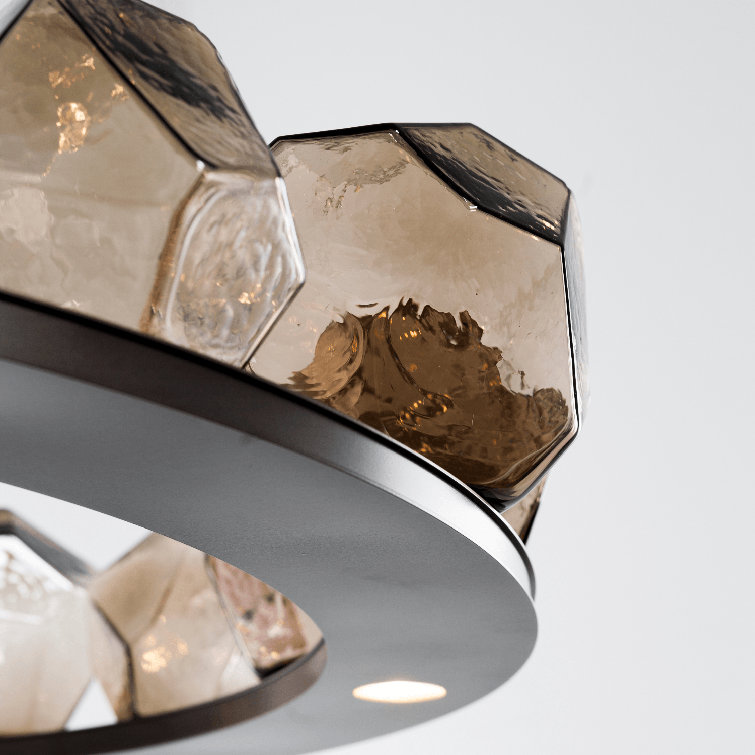 Matte Black Crystal Gem Ring Chandelier with Amber Shades