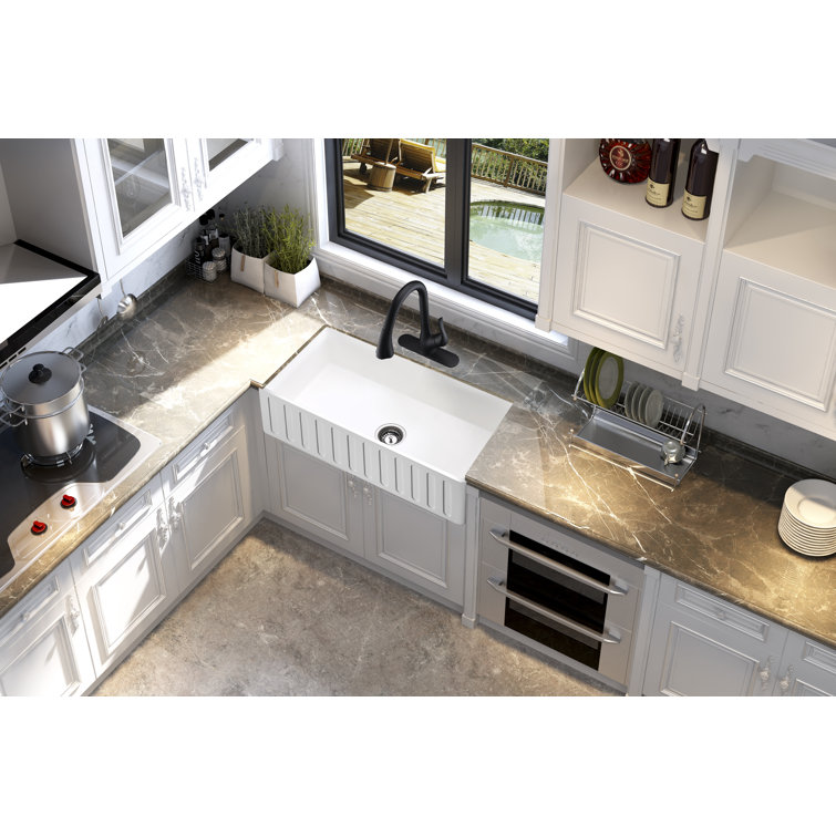 Roine 30'' White Stone Farmhouse Apron Front Single Bowl Kitchen Sink