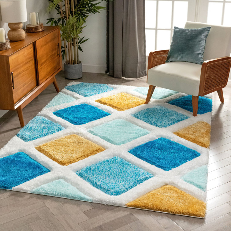 San Francisco Blue and Yellow Geometric Shag Area Rug