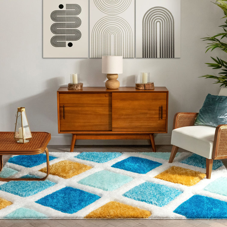 San Francisco Blue and Yellow Geometric Shag Area Rug