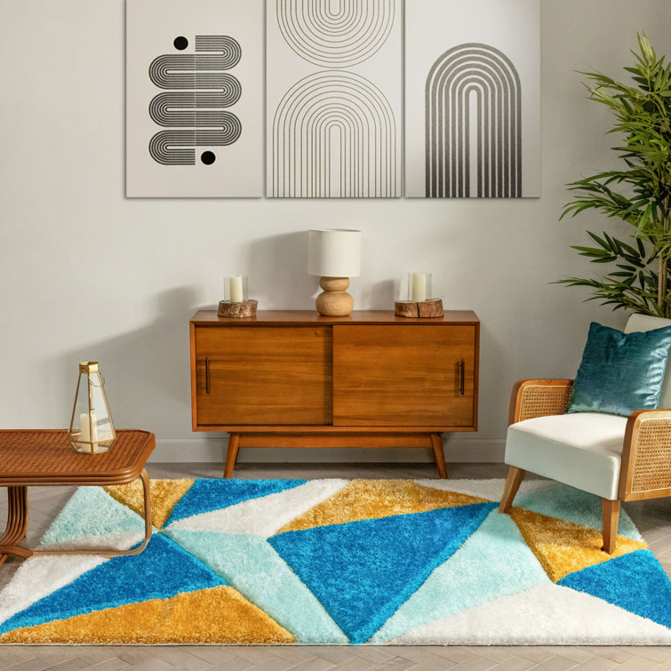 Blue Geometric 5' x 7' Shag Synthetic Area Rug