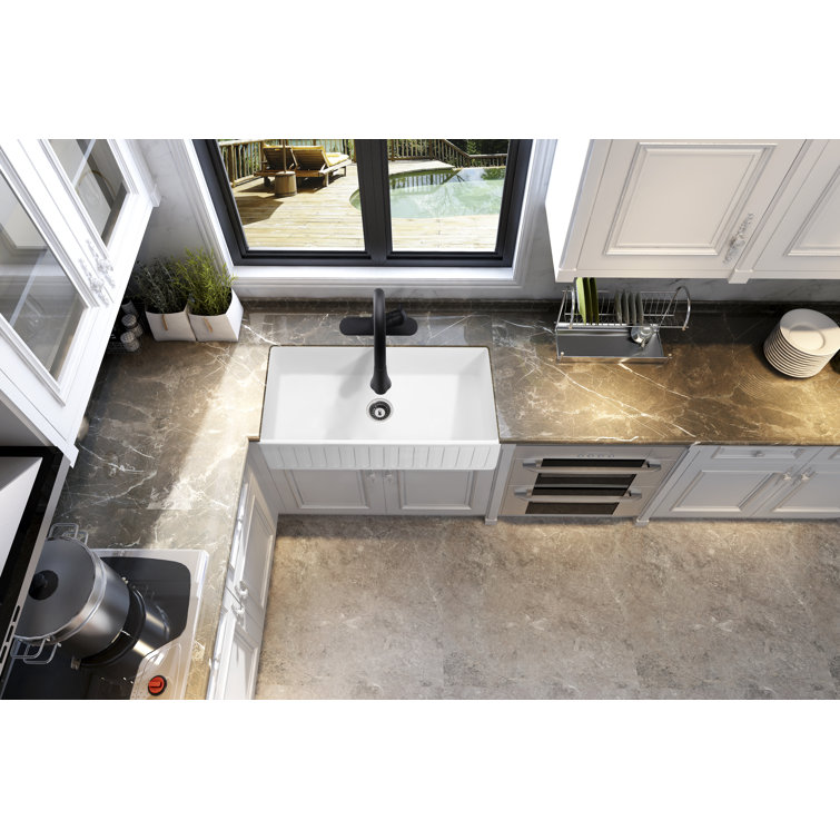 White Stone Farmhouse Apron Front Single Bowl Kitchen Sink