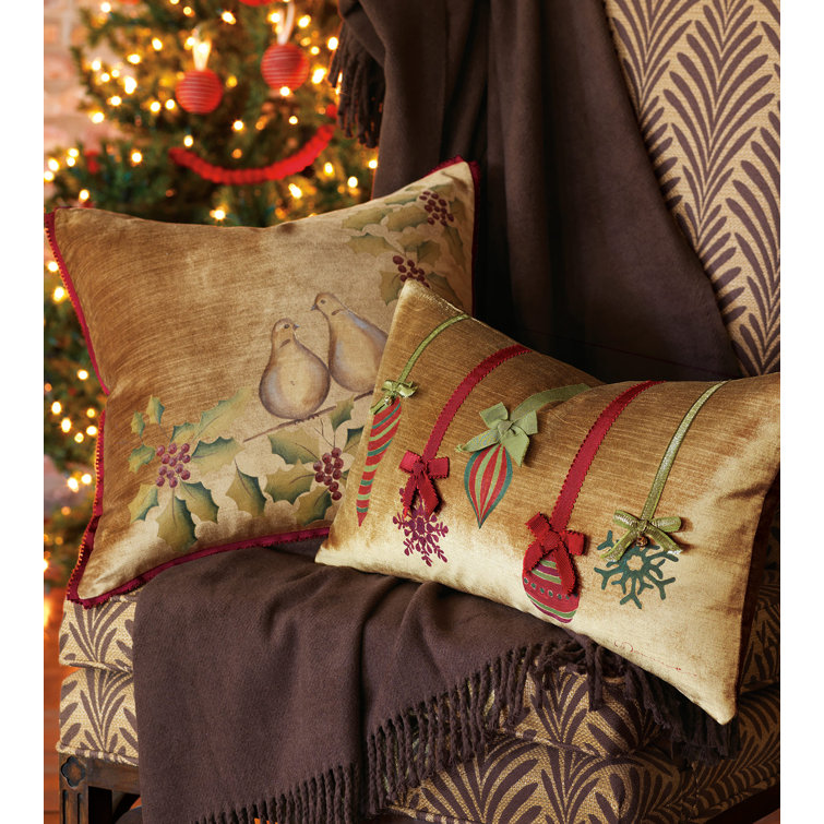 Gold Velvet Lumbar Pillow with Handpainted Christmas Ornaments