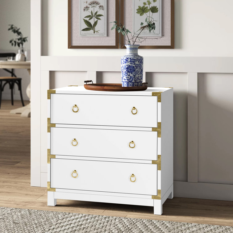 Transitional Glossy White Mango Wood 3-Drawer Dresser