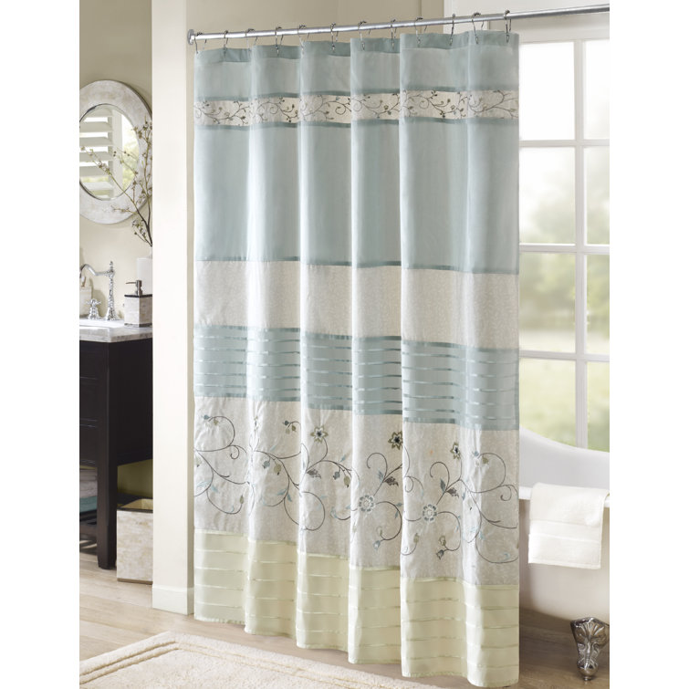 Green and Beige Faux Silk Embroidered Floral Shower Curtain