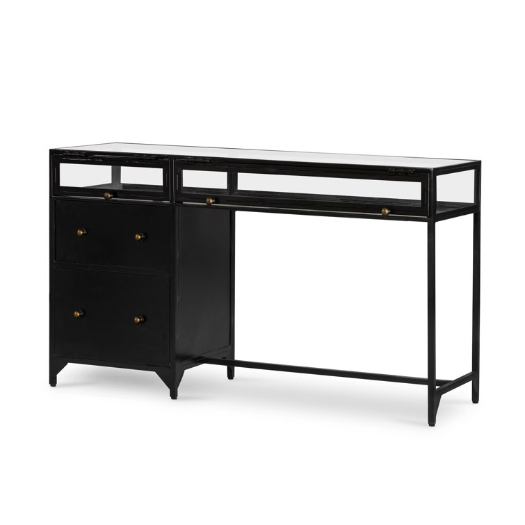 Contemporary Black Iron & Glass Home Office Desk with Drawer