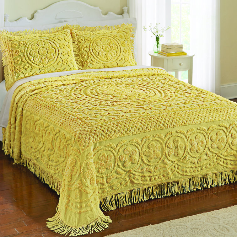 Yellow Cotton Chenille Full Bedspread with Fringe Border