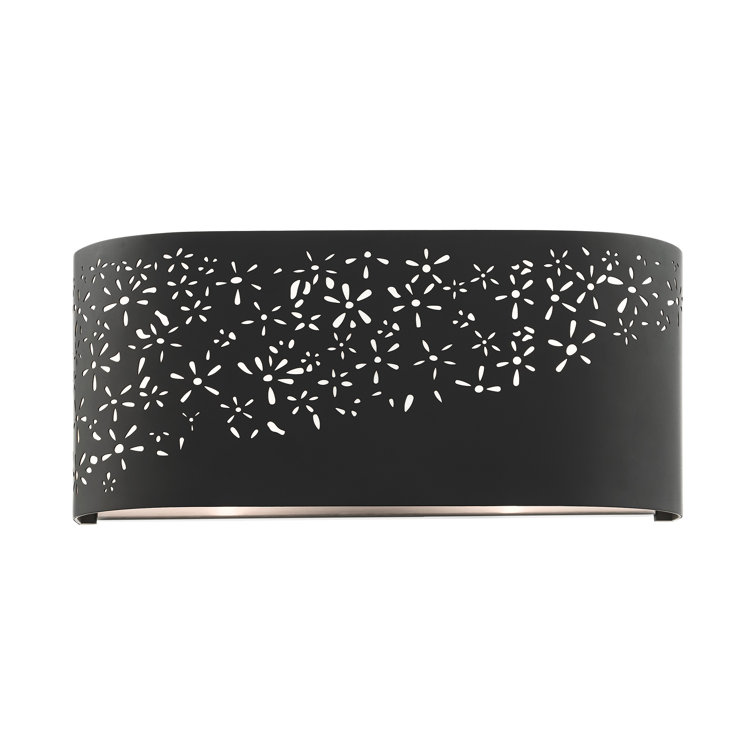 Noria Organic Laser Cut Black Steel 2-Light Vanity Sconce with Off-White Linen Shade
